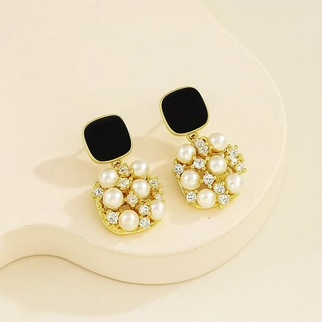 Gold-Plated Black Enamel and Pearl Cluster Earrings - AR-118
