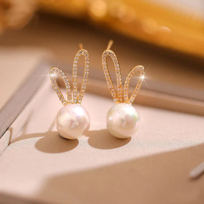 Crystal Bunny Ear Pearl Stud Earrings - AR - 172