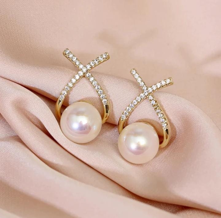 Korean Diamond Cross Pearl Earrings - AR-110