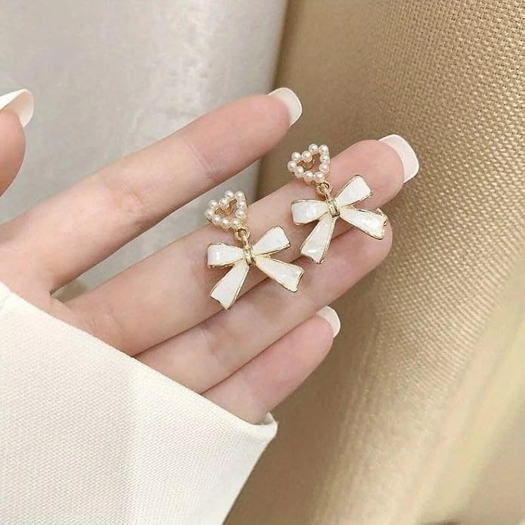 Pearl Heart Bow Drop Earrings - AR - 181