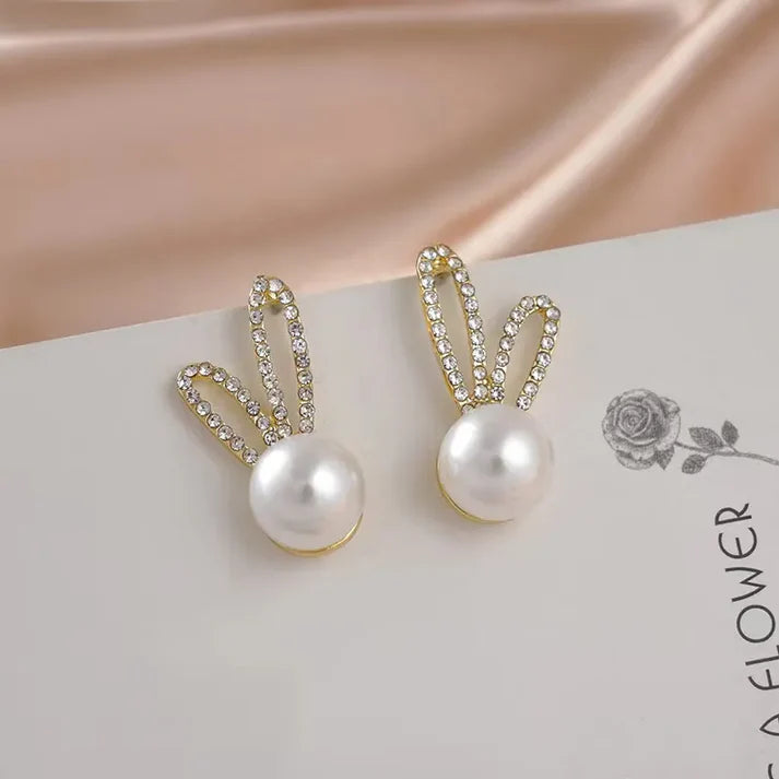 Crystal Bunny Ear Pearl Stud Earrings - AR - 172