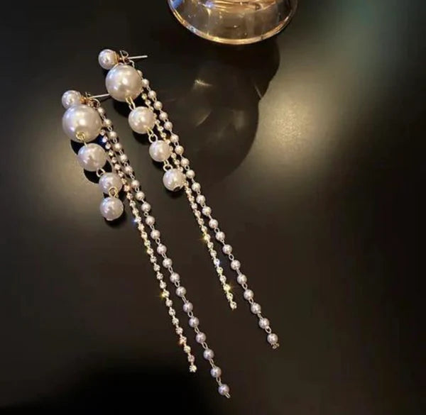 Long Pearl Drop Dangle Earrings - AR-45